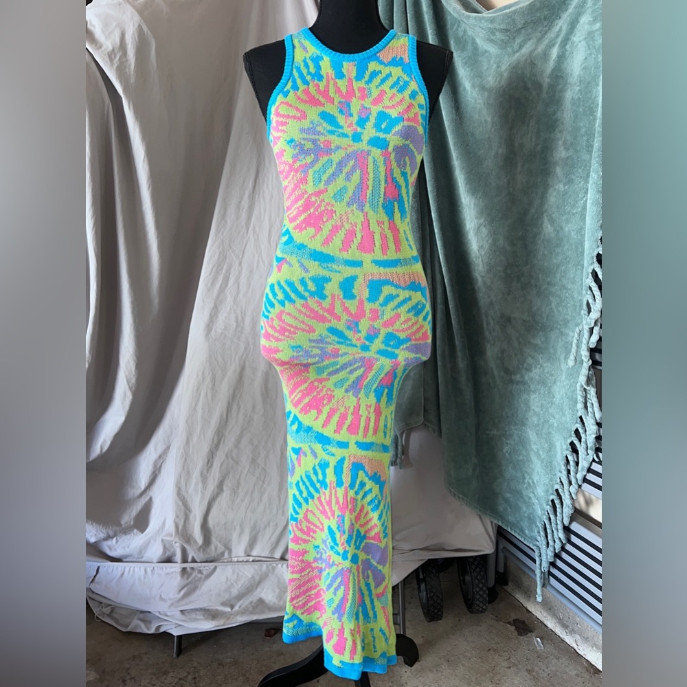 Blue and Pink Tie-Dye Maxi Knitted Halter Dress 🌸🦋💚